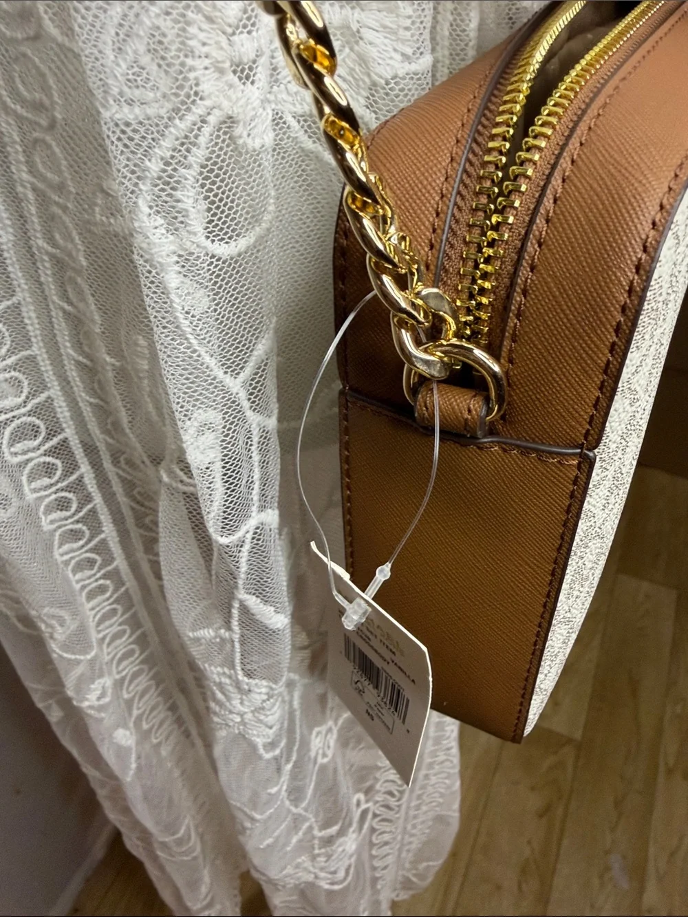 Michael Kors Beige Logo Crossbody with Tan Leather & Gold Chain - Picture 4 of 12